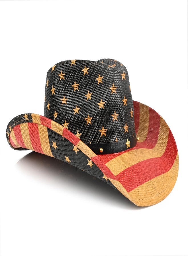 Foeran USA Flag Cowboy Hats for Men's Women's,Cowgirl Hats Western Straw American Flag Hat Beige - Image 2